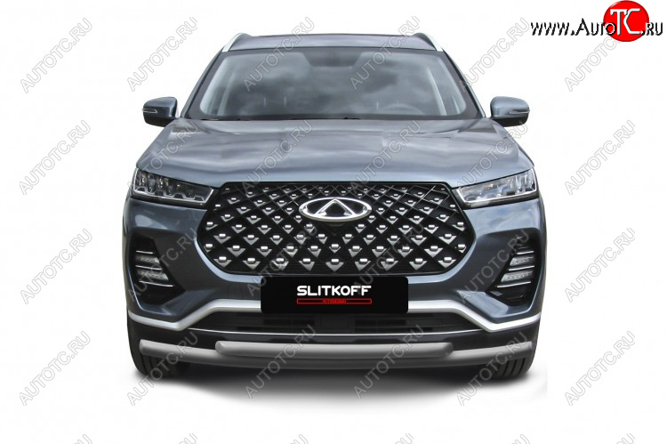 9 899 р. Защита переднего бампера Slitkoff (Ø 57+Ø 42 мм). Chery Tiggo 7 PRO (2019-2025) (Цвет: серебристый)  с доставкой в г. Владивосток