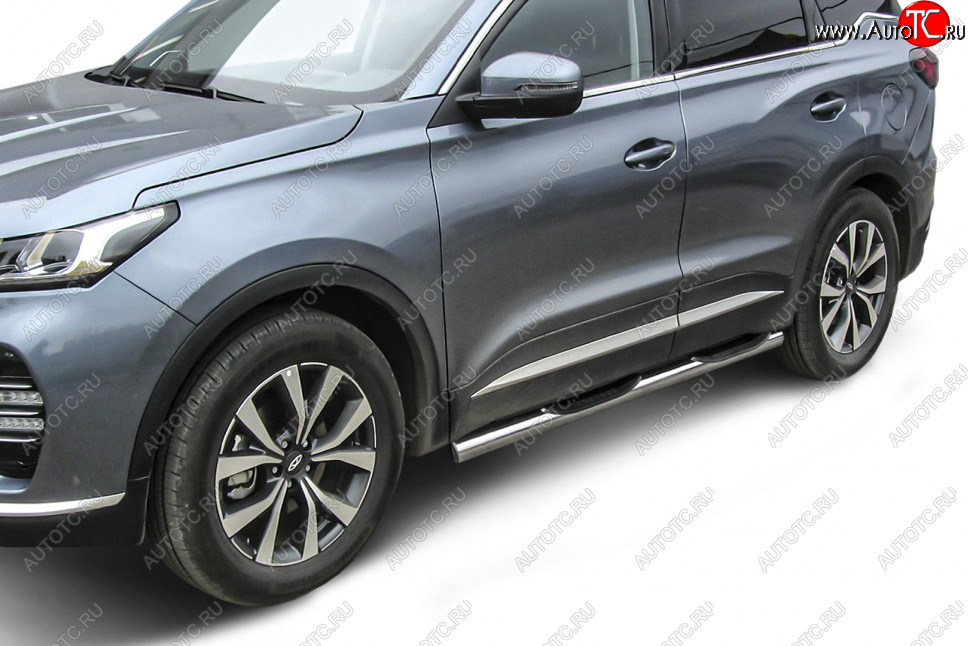 17 899 р. Защита порогов Slitkoff (Ø 76 мм, с проступями)  Chery Tiggo 7 PRO (2019-2025) (Нержавеющая сталь)  с доставкой в г. Владивосток