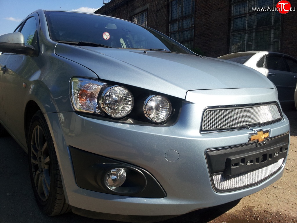 1 539 р. Нижняя сетка на бампер Russtal (хром) Chevrolet Aveo T300 хэтчбек (2011-2015)  с доставкой в г. Владивосток