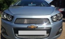 1 539 р. Нижняя сетка на бампер Russtal (хром) Chevrolet Aveo T300 хэтчбек (2011-2015)  с доставкой в г. Владивосток. Увеличить фотографию 2