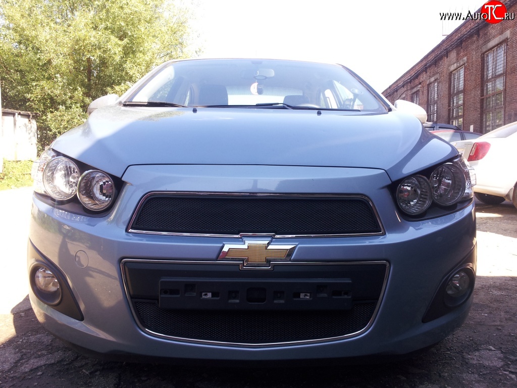 1 469 р. Нижняя сетка на бампер Russtal (черная) Chevrolet Aveo T300 хэтчбек (2011-2015)  с доставкой в г. Владивосток