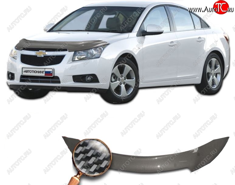 2 559 р. Дефлектор капота CA-Plastiс  Chevrolet Cruze ( J300,  D2LC) (2009-2018) седан дорестайлинг, седан рестайлинг, седан дорестайлинг (Шелкография карбон-серебро)  с доставкой в г. Владивосток