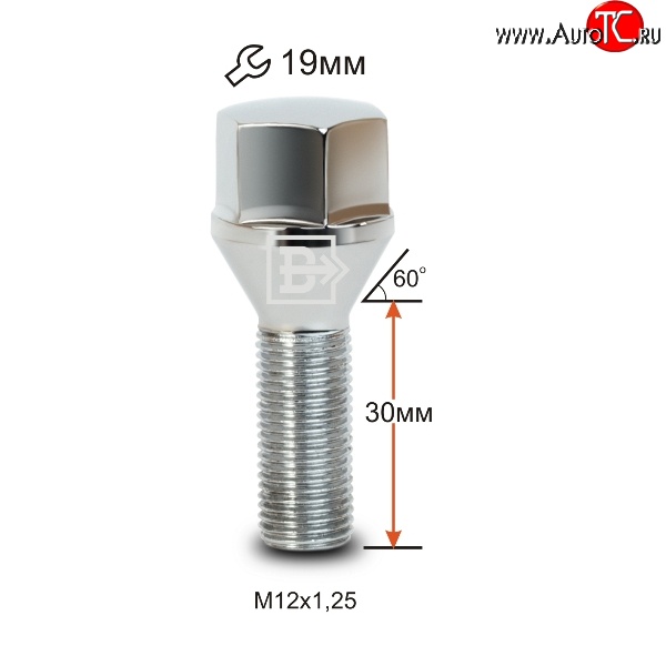 112 р. Колёсный болт длиной 30 мм Вектор M12 1.25 30 под гаечный ключ (пос.место: конус) Changan Eado (2011-2018)