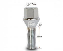 Колёсный болт длиной 28 мм Вектор M12 1.5 28 под гаечный ключ (пос.место: конус) 
