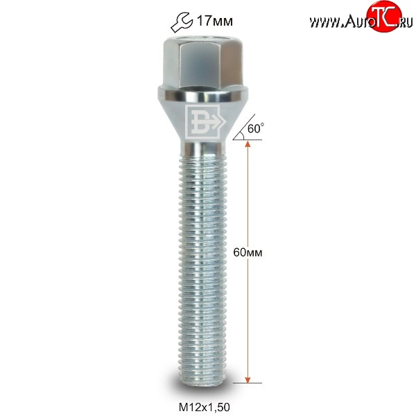 169 р. Колёсный болт длиной 60 мм Вектор M12 1.5 60 под гаечный ключ    с доставкой в г. Владивосток
