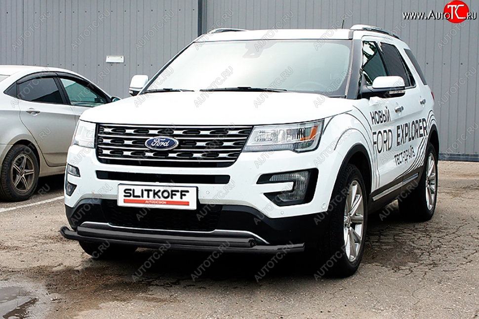 12 999 р. Защита переднего бампера Slitkoff (двойная, d57/57 мм) Ford Explorer U502 1-ый рестайлинг, 5 дв. (2015-2018) (Сталь с полимерным покрытием. Цвет: чёрный)  с доставкой в г. Владивосток