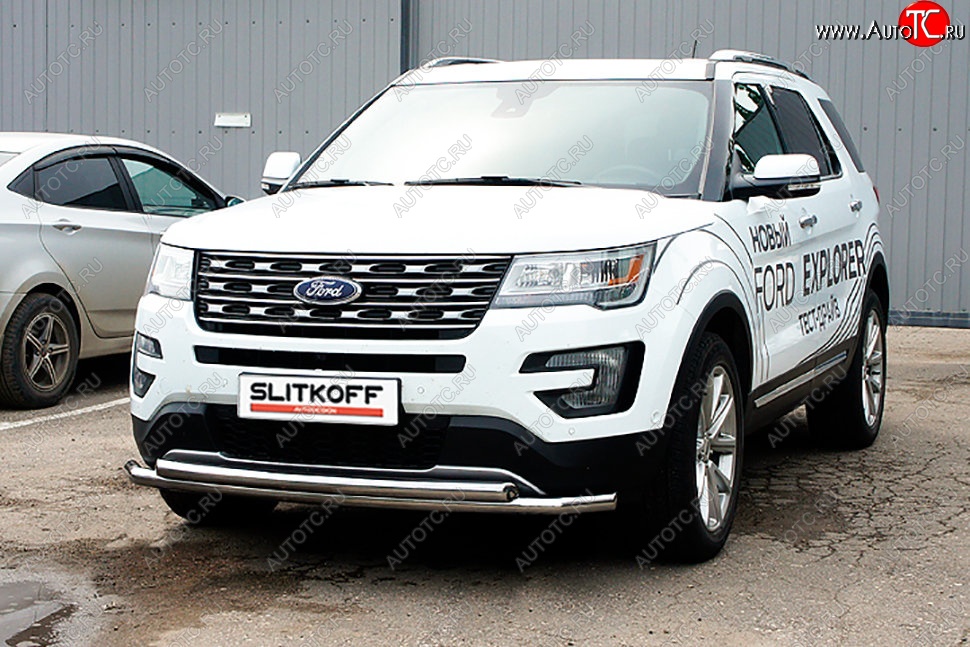 16 899 р. Защита переднего бампера Slitkoff (двойная, d57/57 мм)  Ford Explorer  U502 (2015-2018) 1-ый рестайлинг, 5 дв. (Нержавейка, Полированная)  с доставкой в г. Владивосток