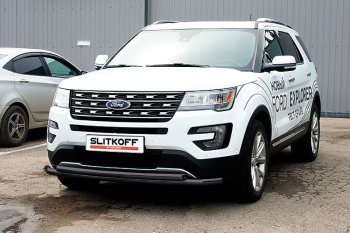 16 899 р. Защита переднего бампера Slitkoff (двойная, d57/57 мм)  Ford Explorer  U502 (2015-2018) 1-ый рестайлинг, 5 дв. (Нержавейка, Полированная)  с доставкой в г. Владивосток. Увеличить фотографию 2