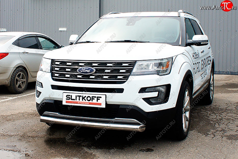 16 749 р. Защита переднего бампера Slitkoff (d76 мм)  Ford Explorer  U502 (2015-2018) 1-ый рестайлинг, 5 дв. (Нержавейка, Полированная)  с доставкой в г. Владивосток