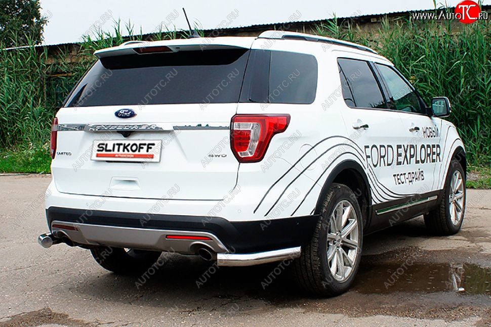 13 999 р. Защита заднего бампера Slitkoff (d76 мм, уголки)  Ford Explorer  U502 (2015-2018) 1-ый рестайлинг, 5 дв. (Нержавейка, Полированная)  с доставкой в г. Владивосток