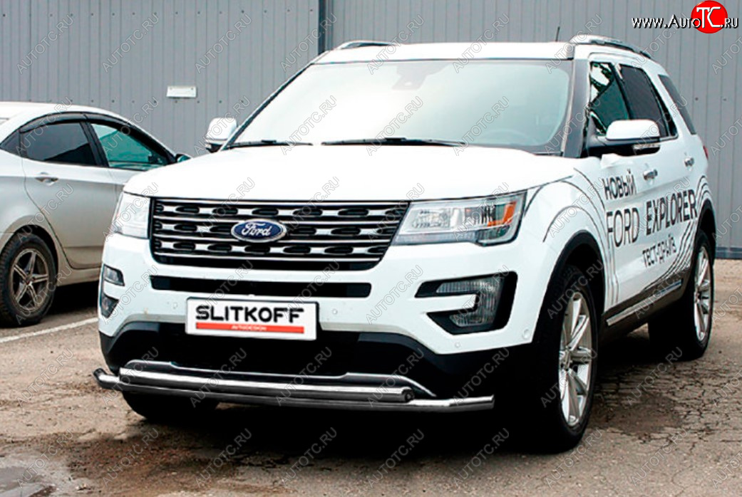 12 999 р. Защита переднего бампера Slitkoff (двойная, Ø57/57 мм)  Ford Explorer  U502 (2015-2018) 1-ый рестайлинг, 5 дв. (Цвет: серебристый)  с доставкой в г. Владивосток