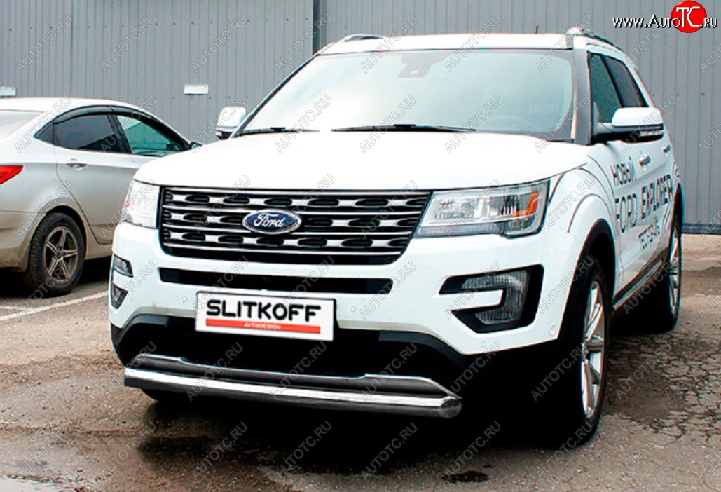 12 999 р. Защита переднего бампера Slitkoff (Ø 76 мм).  Ford Explorer  U502 (2015-2018) 1-ый рестайлинг, 5 дв. (Цвет: серебристый)  с доставкой в г. Владивосток