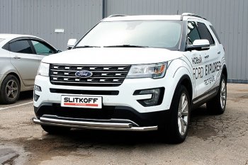 16 899 р. Защита переднего бампера Slitkoff (двойная, d57/57 мм)  Ford Explorer  U502 (2017-2019) 2-ой рестайлинг, 5 дв. (Нержавейка, Полированная)  с доставкой в г. Владивосток. Увеличить фотографию 1