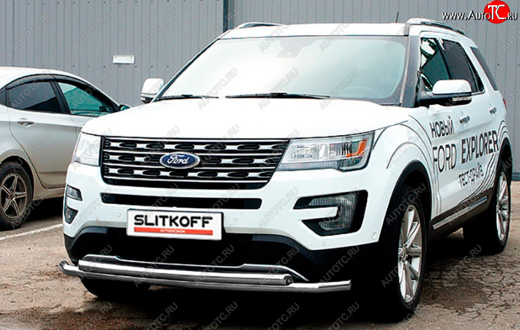 11 849 р. Защита переднего бампера Slitkoff (Ø 57+Ø 57, двойная).  Ford Explorer  U502 (2017-2019) 2-ой рестайлинг, 5 дв. (Сталь с полимерным покрытием. Цвет: серебристый)  с доставкой в г. Владивосток