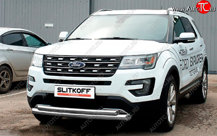 13 599 р. Защита переднего бампера Slitkoff (Ø 76+Ø 57, двойная).  Ford Explorer  U502 (2017-2019) 2-ой рестайлинг, 5 дв. (Сталь с полимерным покрытием. Цвет: серебристый)  с доставкой в г. Владивосток