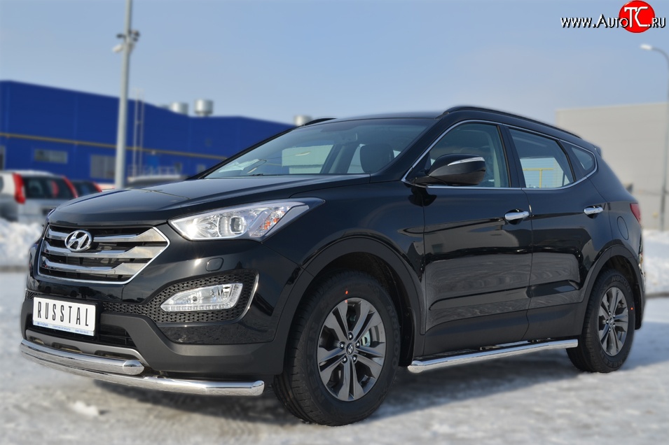 14 849 р. Защита порогов из круглой трубы диаметром 63 мм Russtal Hyundai Santa Fe DM дорестайлинг (2012-2016) (Защита порогов с со скосами на торцах (вариант 1))  с доставкой в г. Владивосток