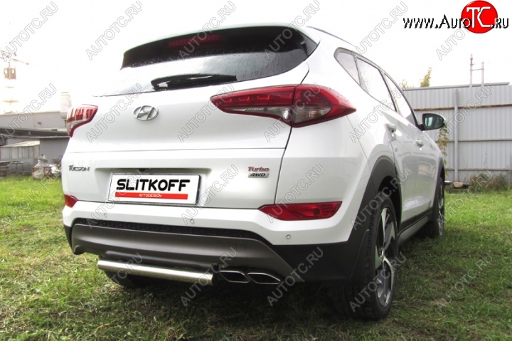 8 899 р. Защита заднего бампера из короткой трубы диаметром 57 мм Slitkoff Hyundai Tucson TL дорестайлинг (2015-2018) (Нержавейка, Полированная)  с доставкой в г. Владивосток