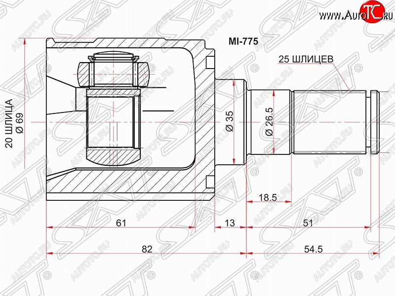 2 799 р. ШРУС SAT (внутренний, 20*25*35 мм) KIA Picanto 1 SA хэтчбэк 5 дв. дорестайлинг (2003-2007)  с доставкой в г. Владивосток