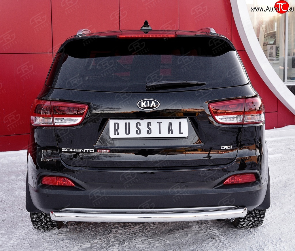 7 999 р. Защита заднего бампера (Ø75x42 мм, нержавейка) Russtal  KIA Sorento  UM/Prime (2014-2018) дорестайлинг  с доставкой в г. Владивосток