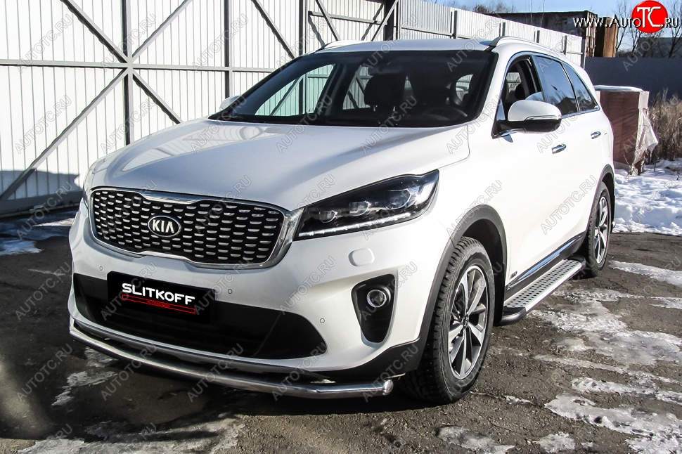 12 999 р. Защита переднего бампера Slitkoff (двойная, d57/42)  KIA Sorento  UM/Prime (2018-2020) рестайлинг (Нержавейка, Полированная)  с доставкой в г. Владивосток