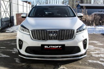 12 999 р. Защита переднего бампера Slitkoff (двойная, d57/42)  KIA Sorento  UM/Prime (2018-2020) рестайлинг (Нержавейка, Полированная)  с доставкой в г. Владивосток. Увеличить фотографию 2