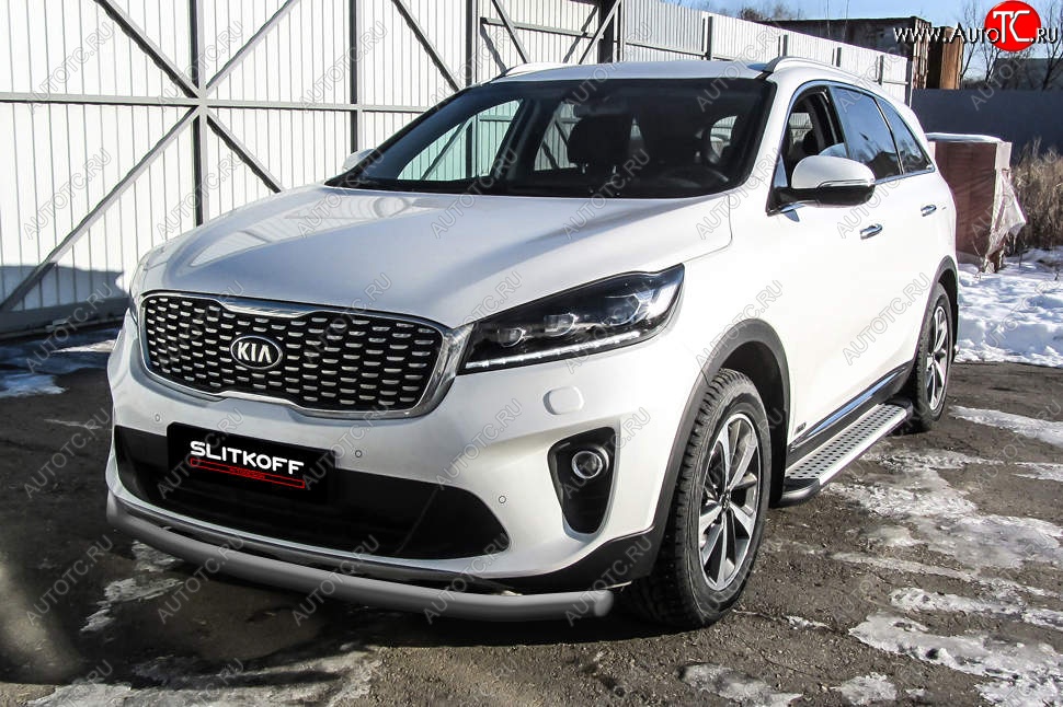 8 999 р. Защита переднего бампера Slitkoff (двойная, d57/42)  KIA Sorento  UM/Prime (2018-2020) рестайлинг (Сталь с полимерным покрытием. Цвет: серебристый)  с доставкой в г. Владивосток