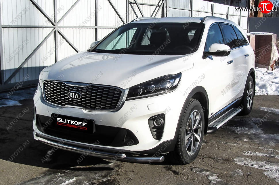 15 299 р. Защита переднего бампера Slitkoff (двойная, d57/42)  KIA Sorento  UM/Prime (2018-2020) рестайлинг (Нержавейка, Полированная)  с доставкой в г. Владивосток