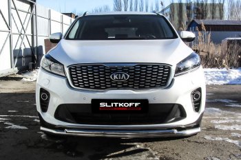 15 299 р. Защита переднего бампера Slitkoff (двойная, d57/42)  KIA Sorento  UM/Prime (2018-2020) рестайлинг (Нержавейка, Полированная)  с доставкой в г. Владивосток. Увеличить фотографию 2