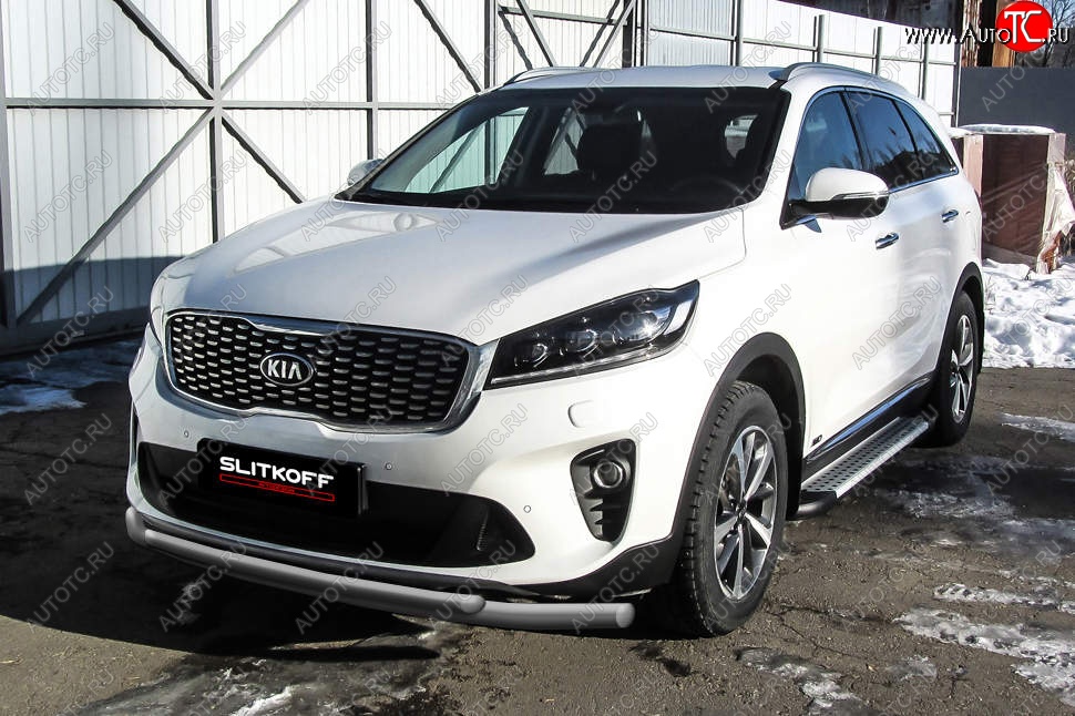 9 649 р. Защита переднего бампера Slitkoff (двойная, d57/42)  KIA Sorento  UM/Prime (2018-2020) рестайлинг (Сталь с полимерным покрытием. Цвет: серебристый)  с доставкой в г. Владивосток