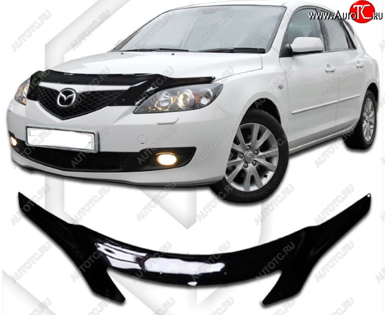 2 599 р. Дефлектор капота CA-Plastiс  Mazda 3/Axela  BK (2003-2009) дорестайлинг, хэтчбэк, рестайлинг, хэтчбэк (Classic черный, Без надписи)  с доставкой в г. Владивосток