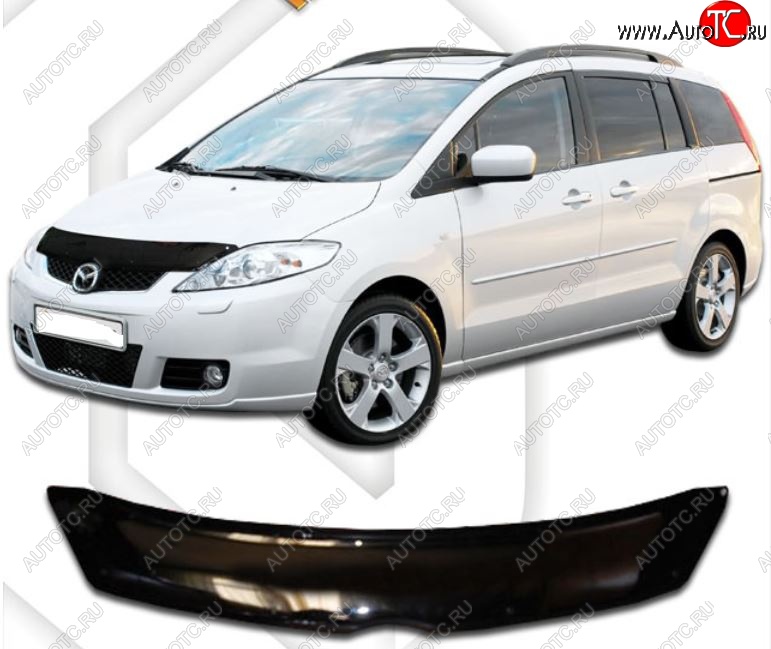 2 079 р. Дефлектор капота CA-Plastic  Mazda 5 (2005-2010) (Classic черный, Без надписи)  с доставкой в г. Владивосток