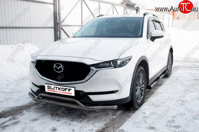 11 799 р. Защита переднего бампера Slitkoff (Ø 57+Ø 32, двойная). Mazda CX-5 KF (2016-2024) (Сталь с полимерным покрытием. Цвет: серебристый)  с доставкой в г. Владивосток