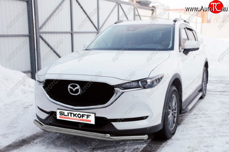 11 899 р. Защита переднего бампера Slitkoff (Ø 57+Ø 42, двойная). Mazda CX-5 KF (2016-2024) (Сталь с полимерным покрытием. Цвет: серебристый)  с доставкой в г. Владивосток