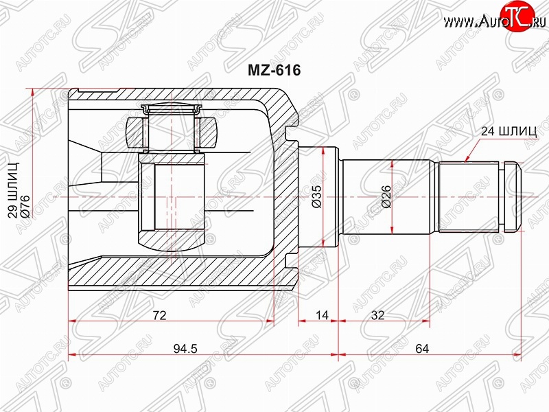 6 699 р. Шрус (внутренний/левый) SAT (29*24*35 мм) Mazda 323/Familia седан BJ дорестайлинг (1998-2000)  с доставкой в г. Владивосток