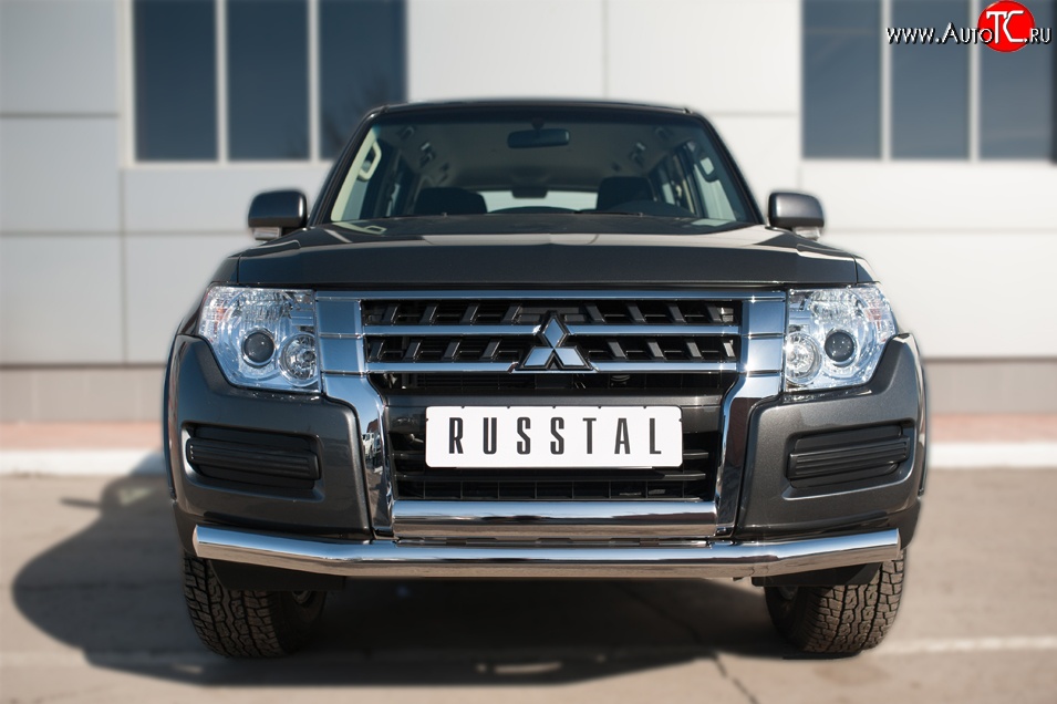 22 949 р. Защита переднего бампера (2 трубы Ø76 и 75х42 мм, нержавейка) Russtal Mitsubishi Pajero 4 V90 2-ой рестайлинг (2014-2020)  с доставкой в г. Владивосток