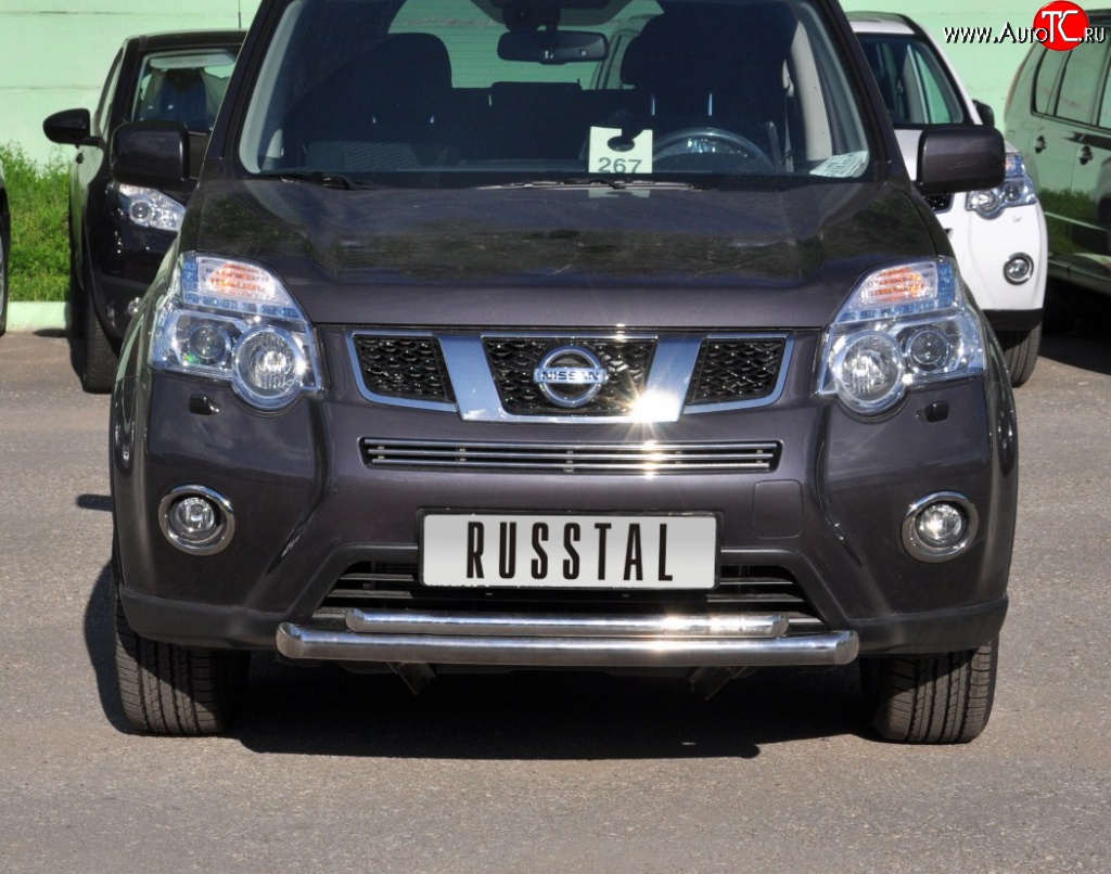 10 899 р. Защита переднего бампера (2 трубыØ63 и 42 мм, нержавейка) Russtal Nissan X-trail 2 T31 рестайлинг (2010-2015)  с доставкой в г. Владивосток