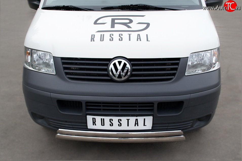 22 299 р. Защита переднего бампера (2 трубыØ75х42 мм, нержавейка) Russtal Volkswagen Transporter T5 дорестайлинг (2003-2009)  с доставкой в г. Владивосток