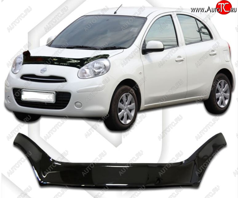 2 399 р. Дефлектор капота CA-Plastiс exclusive  Nissan Micra  K13 (2010-2013) 5 дв. дорестайлинг (Classic черный, Без надписи)  с доставкой в г. Владивосток