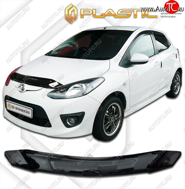 1 839 р. Дефлектор капота CA-Plastic  Mazda 2/Demio  DE (2007-2014) дорестайлинг, рестайлинг (classic черный, без надписи)  с доставкой в г. Владивосток