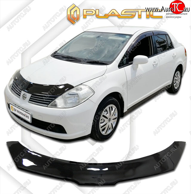 2 159 р. Дефлектор капота CA-Plastic  Nissan Tiida Latio  C11 (2004-2012) седан (classic черный, без надписи)  с доставкой в г. Владивосток