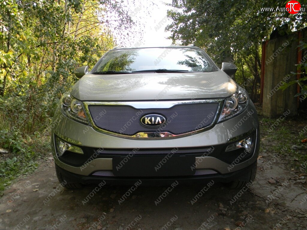 4 299 р. Защитная сетка в бампер (верх, ячейка 3х7 мм) Alfeco Стандарт  KIA Sportage  3 SL (2010-2014) дорестайлинг (Хром)  с доставкой в г. Владивосток