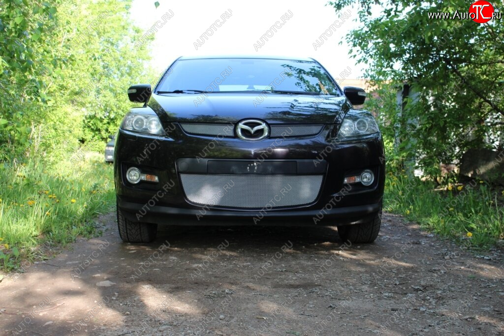 3 399 р. Защитная сетка в бампер (низ, ячейка 3х7 мм) Alfeco Стандарт Mazda CX-7 ER дорестайлинг (2006-2010) (Хром)  с доставкой в г. Владивосток