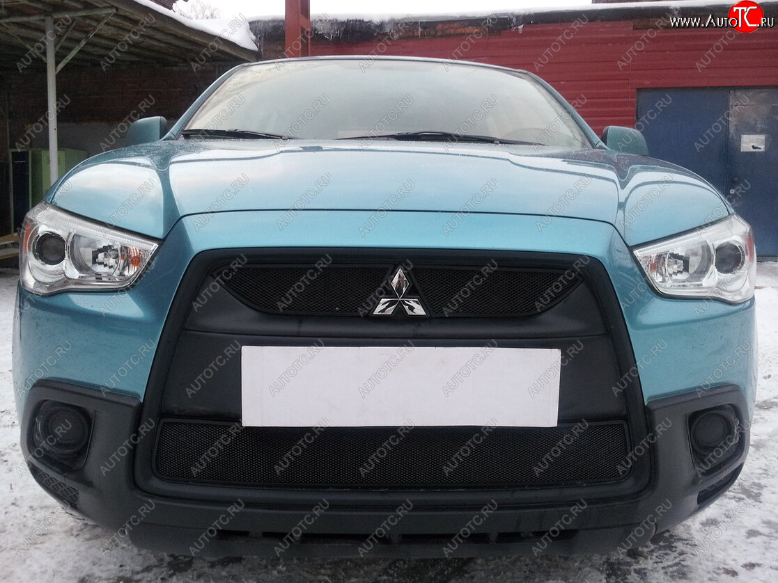 3 589 р. Защитная сетка в бампер (низ, ячейка 3х7 мм) Alfeco Стандарт  Mitsubishi ASX (2010-2012) дорестайлинг (Чёрная)  с доставкой в г. Владивосток