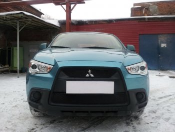 3 589 р. Защитная сетка в бампер (низ, ячейка 3х7 мм) Alfeco Стандарт  Mitsubishi ASX (2010-2012) дорестайлинг (Чёрная)  с доставкой в г. Владивосток. Увеличить фотографию 3