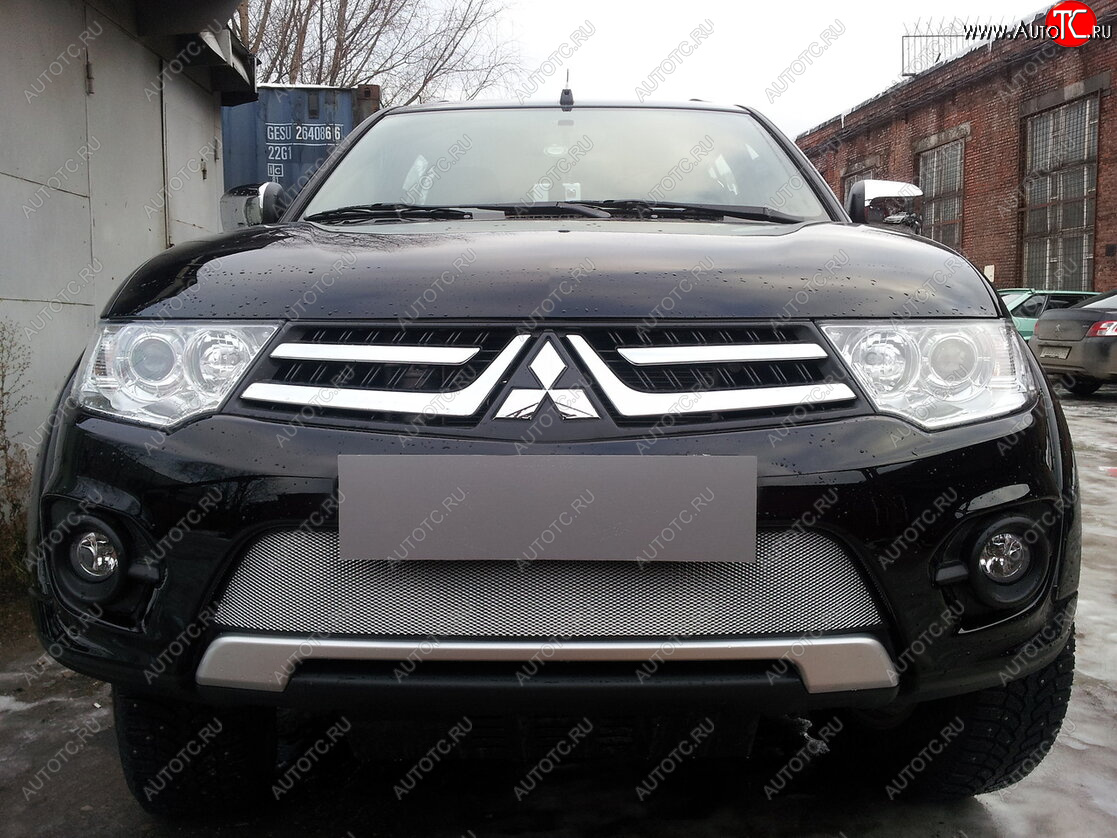 3 589 р. Защитная сетка в бампер (низ, ячейка 3х7 мм) Alfeco Стандарт  Mitsubishi L200  4 - Pajero Sport  PB (Хром)  с доставкой в г. Владивосток