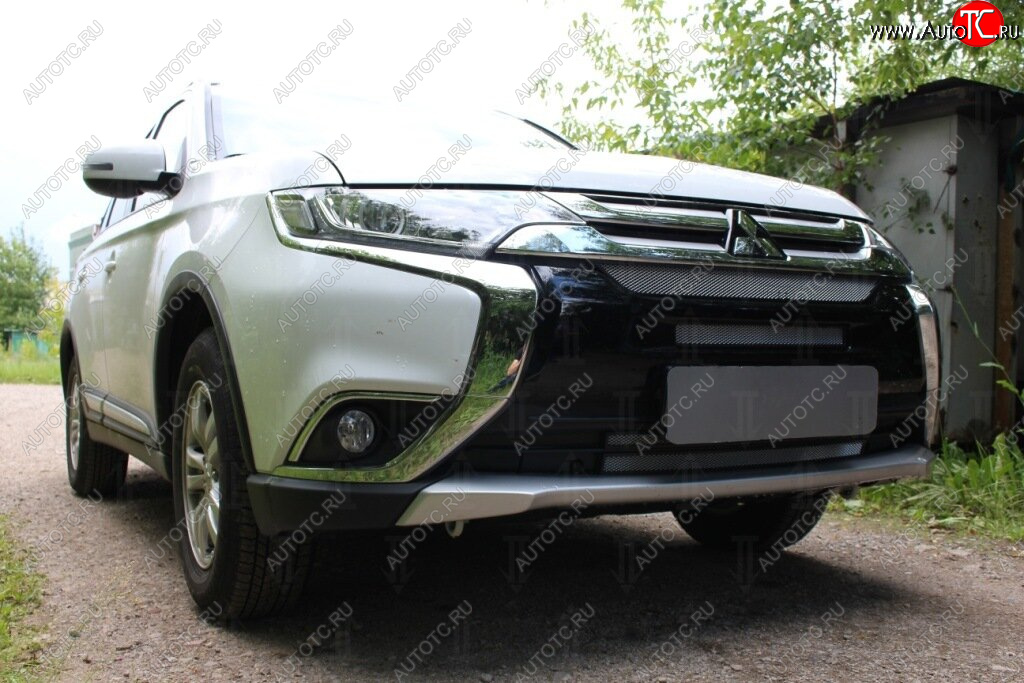 8 799 р. Защитная сетка в бампер (4 части, ячейка 3х7 мм) Alfeco Стандарт  Mitsubishi Outlander  GF (2015-2018) 2-ой рестайлинг (Хром)  с доставкой в г. Владивосток