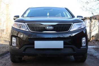 Защитная сетка в бампер (низ, ячейка 4х10 мм) Alfeco Премиум KIA Sorento XM рестайлинг (2012-2015)  (Чёрная)