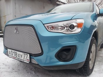 5 999 р. Защитная сетка в бампер (верх, ячейка 4х10 мм) Alfeco Премиум Mitsubishi ASX 1-ый рестайлинг (2013-2016) (Хром)  с доставкой в г. Владивосток. Увеличить фотографию 3