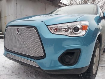 4 299 р. Защитная сетка в бампер (низ, ячейка 4х10 мм) Alfeco Премиум  Mitsubishi ASX (2013-2016) 1-ый рестайлинг (Хром)  с доставкой в г. Владивосток. Увеличить фотографию 2