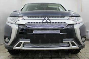 Защитная сетка в бампер (3 части, ячейка 4х10 мм) Alfeco Премиум Mitsubishi Outlander GF 3-ий рестайлинг (2018-2022)  (Хром)